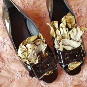 Gucci Black Patent Leather Peep Toe Flats Sz 8